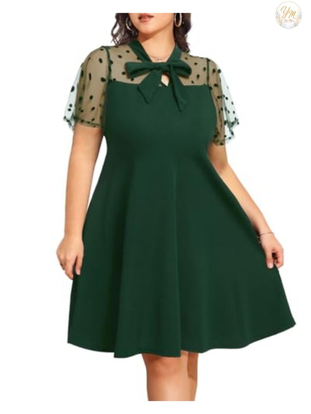 Plus Size A-Line Cocktail Dress Mesh Sleeve Bow Tie Neck Knee Length
